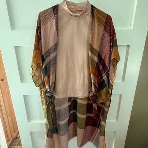 New Plaid Kimono Cardigan with Ribbed Top set large